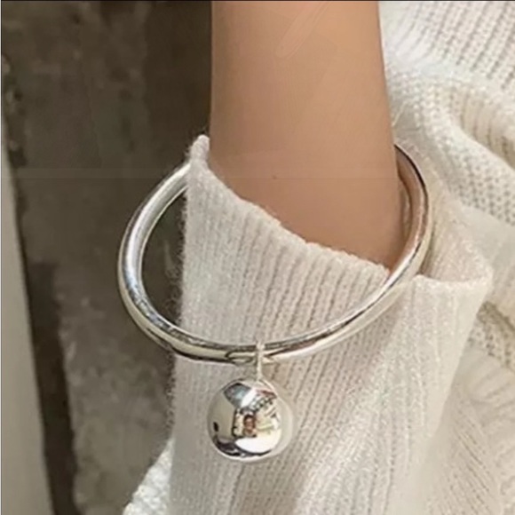 Ball Charm Sterling Silver Bangle Bracelet Ring Set - Picture 3 of 14